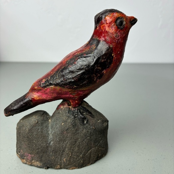 Primitive Folk Art Red Bird Robin Cardinal Stone Clay Statue Sculpture Carving - Picture 9 of 12